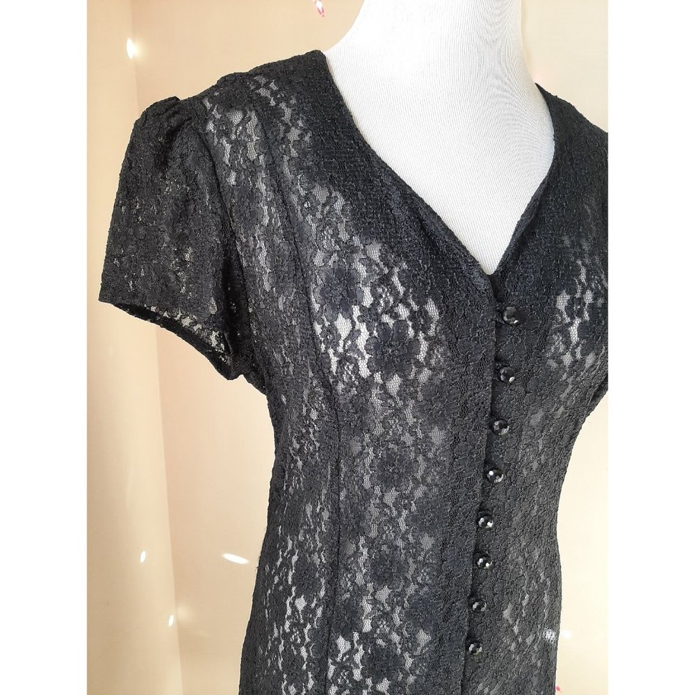 Vtg Black Sheer Lace Button Midi Dress Fit & Flare Whimsigoth 90s Corset Tie - Picture 3 of 10